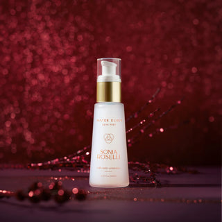 Sonia Roselli Water Elixir Skin Prep for glowing skin, set against a sparkling red background