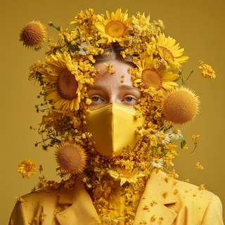 a woman in a yellow mask with flowers around her face.